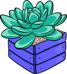 Cartoon cactus in a wooden pot. Vector illustration on a white background. Bright picture.