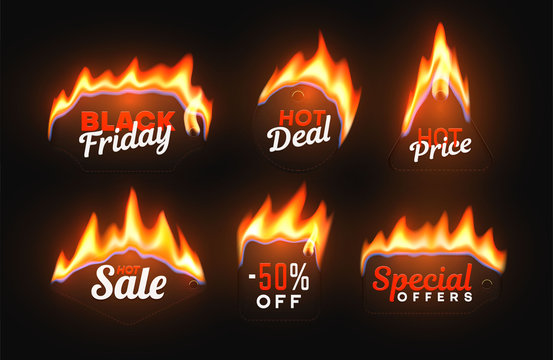 Hot sale badges with fire flame, special offer emblem