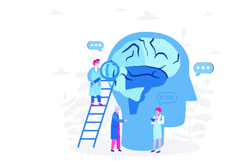World mental health day. Psychology specialist doctor with magnified glass work with brain, Vector illustration for web banner, infographics, mobile. world mental health day 