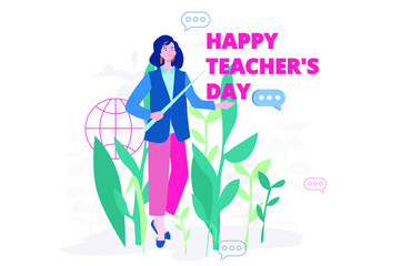 Happy teacher's day, Pretty Woman Teacher. Vector illustration for web banner, infographics, mobile. 