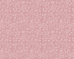 Seamless vector pattern with animals on a pink background. Hand drawing doodle with pets.