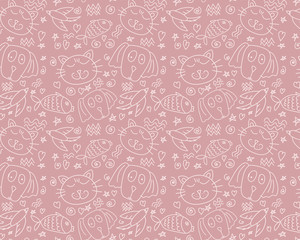 Seamless vector pattern with animals on a pink background. Hand drawing doodle with pets.