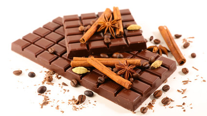chocolate with spices on white background