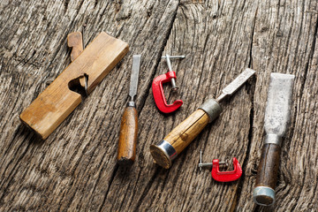 Overhead view of a set of old wood working tools