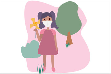 Vector illustration of a little girl in a protective medical mask.  Quarantine isolation.