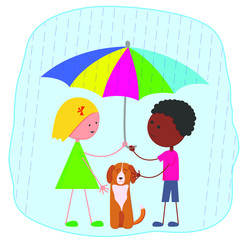 Different girl and boy with umbrella and dog in the rain. Friendship of different children. Vector flat image. Children save a dog from the rain

