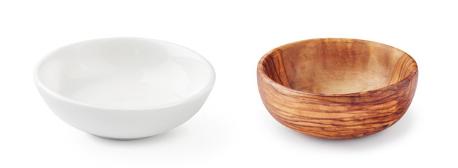 Wooden bowl and white bowl isolated on white background. Set of bowls.