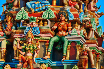 detail of gods and godness on the Hindu Sri Mahamariamman Temple in Little India at Georgetown...