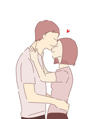 白背景におでこにキスをする男女（カップル）ピンク単色
