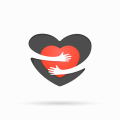 Red heart with hand embrace. Vector illustration