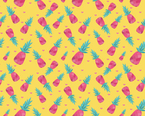 Seamless vector pattern with pink pineapple on a yellow background.