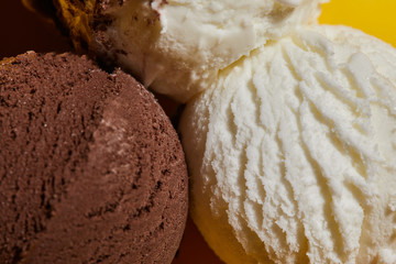 close up view of tasty brown and white ice cream