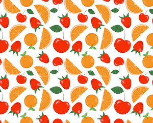 Seamless pattern with different colored fruits.