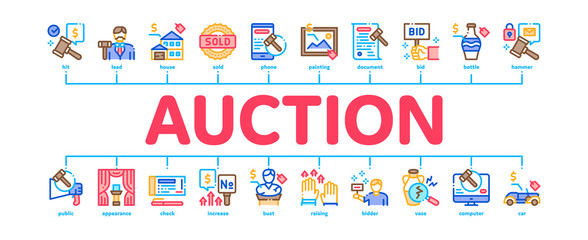 Auction Buying And Selling Goods Minimal Infographic Web Banner Vector. Internet Auction And Application, Hammer And Car, Agreement And Bid, House And Picture Illustration