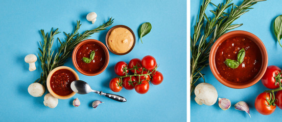 collage of delicious sauces in bowls near fresh ripe vegetables on blue background