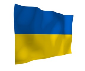 The flag of Ukraine on a white background. National flag and state ensign. Blue and yellow bicolour. 3D illustration waving flag