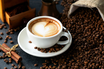 Coffee beans and a cup of espresso