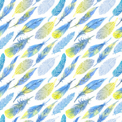 Fototapeta na wymiar Watercolor seamless boho pattern with feathers. Hand Drawn Illustration on white background.