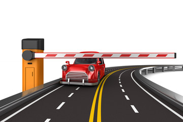 closed automatic barrier and road on white background. Isolated 3D illustration