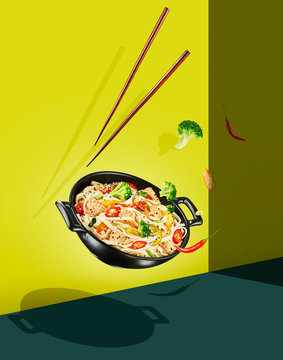 Flying Wok With Noodles And Vegetables. Bright Colorful Background, Flying Wooden Chopsticks. Salmon, Broccoli, Chili Pepper. Modern Pop-art Food Photography With Levitation