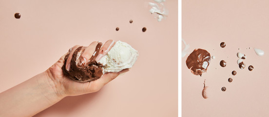 cropped view of woman holding melted brown and white ice cream on pink background, collage
