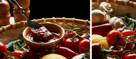 Naklejka na ściany i meble collage of delicious tomato sauce with spoon near fresh ripe vegetables in basket
