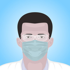 Illustration of a medical worker in a medical mask and glasses for protection against viruses.
