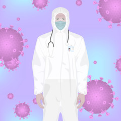 Obraz premium Doctor in a medical mask, protective suit and glasses. Illustration of a medical worker in a medical mask and glasses for protection against viruses.