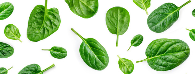 Creative layout made of Fresh spinach leaves isolated on white background. Pattern. Green baby...