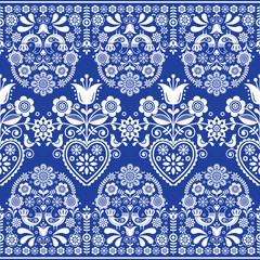 Scandinavian floral folk art seamless vector textile pattern with birds, Nordic repetitive in white  on navy blue 
  