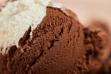 close up view of tasty brown and white ice cream