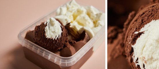 collage of tasty brown and white ice cream in plastic container on pink background