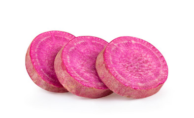 slice sweet yam potato with leaf on the white background
