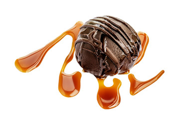 Chocolate truffle candy covered with flowing chocolate and caramel isolated on white background. Macro