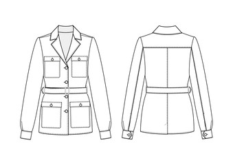 Fashion illustration of safari jacket. Technical drawing of jacket with pockets © Anastasiia