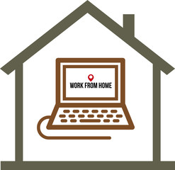 Icon of laptop computer in house. Work at home
