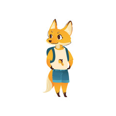 Cute cartoon fox in human clothes and back-to-school backpack standing and smiling