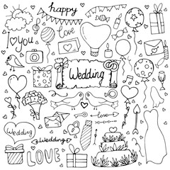 Fototapeta premium Wedding set with arrows, cake, dress, balloons, inscriptions, gifts, sweets on a white background. Vector isolated illustration with wedding elements for the design of a postcard. Doodle style.