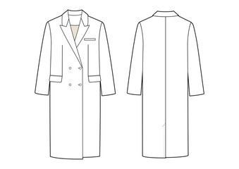 Fashion illustration of double-breasted coat. Technical drawing coat