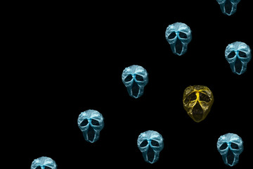 Pollution pattern. Modern ecology concept with plastic bag skulls on dark background. Minimal style.