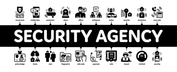 Security Agency Property Protect Minimal Infographic Web Banner Vector. Security Agency Service Video Monitoring Cctv And Car With Alarm Signal, Safe And Badge Illustration