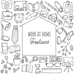 Work at home. Freelance work. Individual elements in the office. Printing on banners, posters, paper. Doodle style. Vector isolated illustration with work environment elements on a white background. 