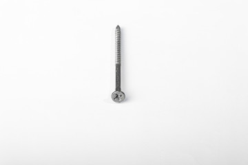 Steel screws, chromed metal screws of various lengths and thicknesses. On a gray background with green leaves.