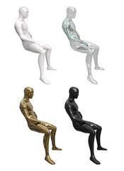 Mannequin for clothes. Male body in a sitting pose. Male mannequin sits sideways. Storefront design for shops. Set of male mannequin white, black, transparent, gold color.