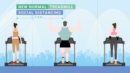 Fitness center lifestyle after pandemic covid-19 corona virus. New normal is social distancing running on treadmill. Flat design style. Vector concept. Muscle big guy man back view.