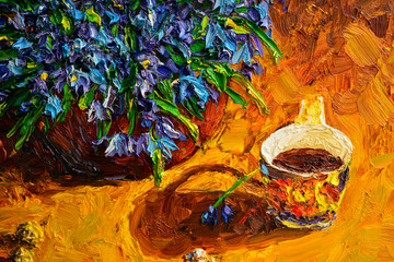 Oil painting a bouquet of blue snowdrops in a vase. original painting. oil on canvas 50 x 60 cm. fragment.close up