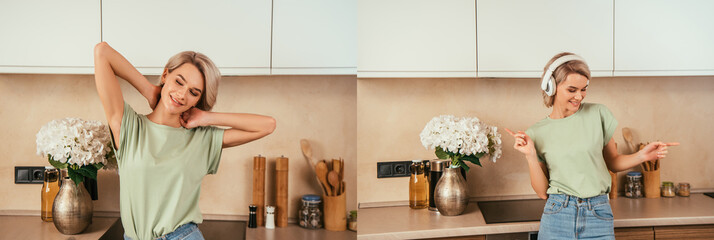 collage of happy young woman listening music in wireless headphones and stretching in kitchen, horizontal image