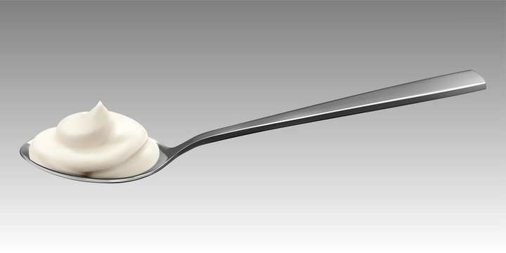 Metal spoon with yogurt or cream. Vector realistic illustration isolated on grey background.