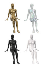 Female figure in a sitting pose. Female plastic mannequin for clothes for display cases of white, black, metallic gold, glass transparent color. Decor for boutiques for clothes. Front view.