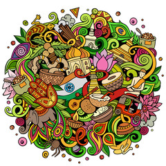 India hand drawn cartoon doodles illustration. Funny travel design.